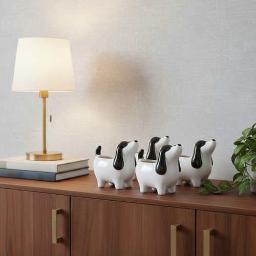 Set of Four Black And White Polyresin Dog Planters - 880016611069