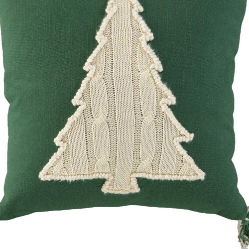 18" Green And Ivory Cotton Christmas Tree Throw Pillow with Tassels - 880024538068