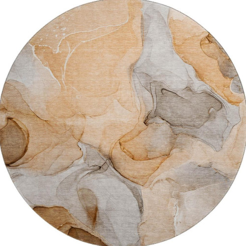 8' Orange Gray And Ivory Abstract Washable Round Rug With UV Protection - 880016405453
