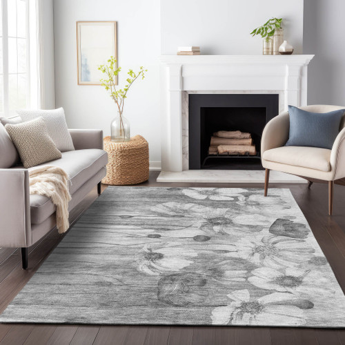 8' X 10' Gray And Silver Floral Washable Area Rug With UV Protection - 880024862262