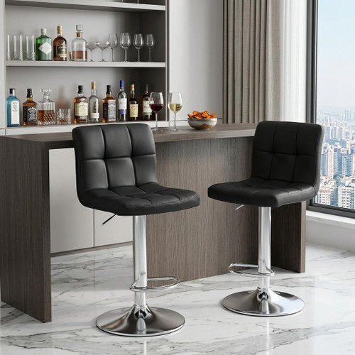 Set of Two Black and Silver Faux Leather and Aluminum Adjustable Height Swivel Bar Chairs - 880024977607