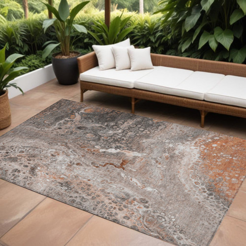 8' X 10' Terra Cotta Copper And Gray Abstract Washable Indoor Outdoor Area Rug - 608219221188