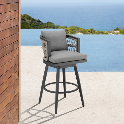 37" Gray Metal Swivel Outdoor Counter Height Bar chair with Footrest - 608219190712