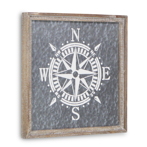Compass Galvanized Metal Wood Square Framed Art - 880016792072