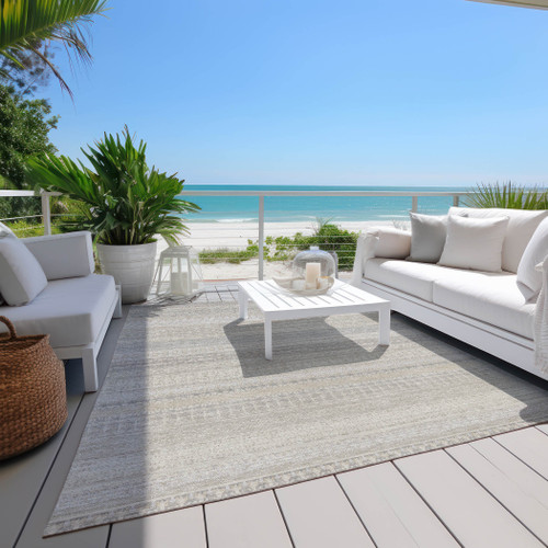 10' X 14' Ivory Striped Washable Indoor Outdoor Area Rug - 608219301118