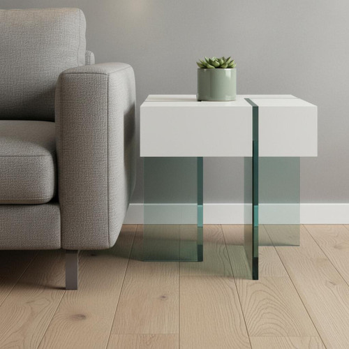 22" White And Clear Wood And Glass Square Sled End Table - 880016420661