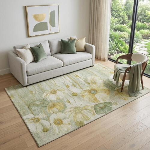 5' X 8' Sage Gold And Ivory Floral Washable Area Rug With UV Protection - 880024914107