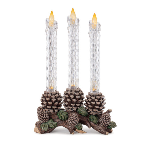 Set of Three Clear Flameless Taper Candles In Brown And Green Resin Pinecone Holder - 880024900285