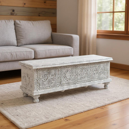 54" White Solid Wood Medallion Storage Ottoman - 880016523928