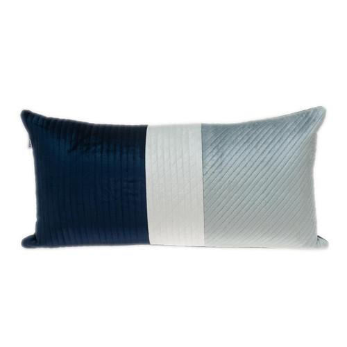 Homeroots Home Decor Navy Blue and Silver Quilted Colorblock Velvet Lumbar Throw Pillow