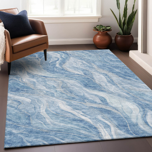 9' X 12' Blue And Ivory Abstract Washable Area Rug With UV Protection - 880024968322