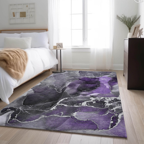 3' X 5' Purple And Charcoal Abstract Washable Area Rug With UV Protection - 880016418095