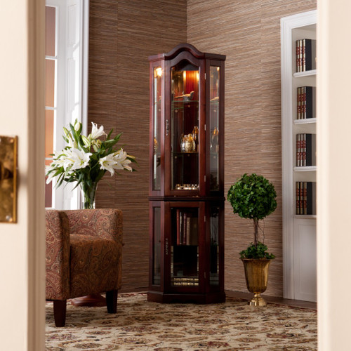Mahogany Scallop Top Lighted Corner Curio Cabinet - 808230099777