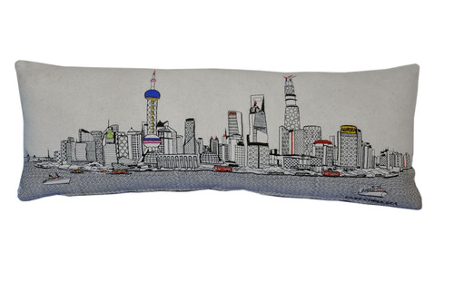 Homeroots Home Decor Shanghai Daylight Skyline Lumbar Decorative Pillow, White, 35 Inches