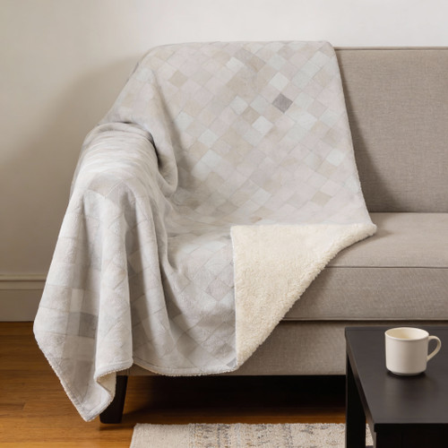 50" X 70" Ivory And Beige Geometric Microfiber Plush Throw Blanket - 880016731835