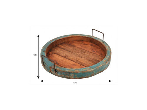15" Natural And Turquoise Solid Wood Handmade Round Serving Tray With Handles - 880024560052