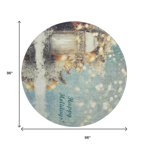 8' Blue Gold And Ivory Christmas Distressed Washable Round Rug With UV Protection - 880024519166