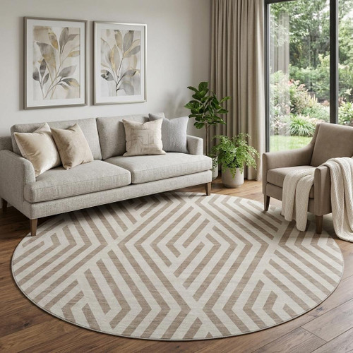 8' Taupe And Ivory Geometric Washable Round Rug With UV Protection - 880024712017