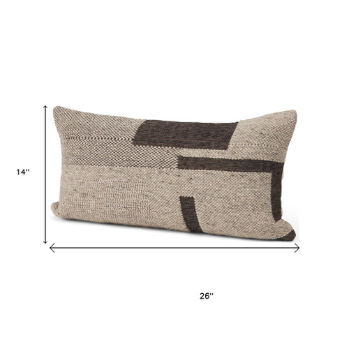 14" X 26" Beige And Dark Brown Lumbar Color Block Wool Blend Throw Pillow Cover with Texture - 880016688917