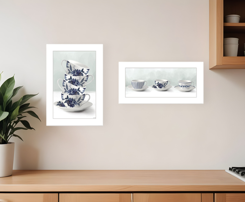 Set Of Two Tea tower with Cups and Sauces White Framed Print Kitchen Wall Art - 608219396862