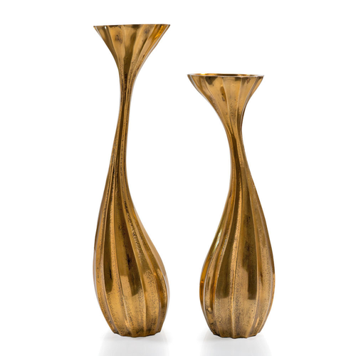 Set of Two Antiqued Gold Aluminum Wavy Faceted Tabletop Pillar Candle Holders - 880016731279