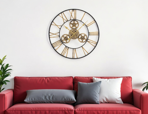 24" Black And Gold Metal Analog Exposed Gear Round Wall Clock - 608219022068
