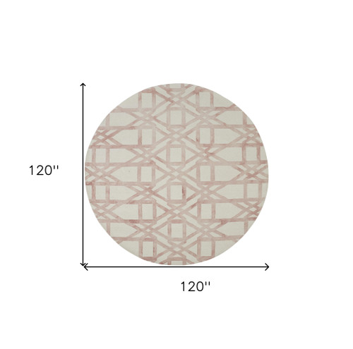 10' Ivory Pink And Tan Wool Geometric Hand Tufted Round Rug - 608219399276