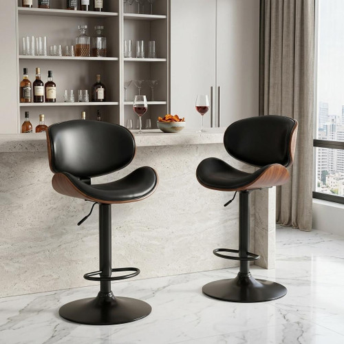 Set of Two Black and Brown Faux Leather Wood And Aluminum Adjustable Height Swivel Bar Chairs - 880016640762