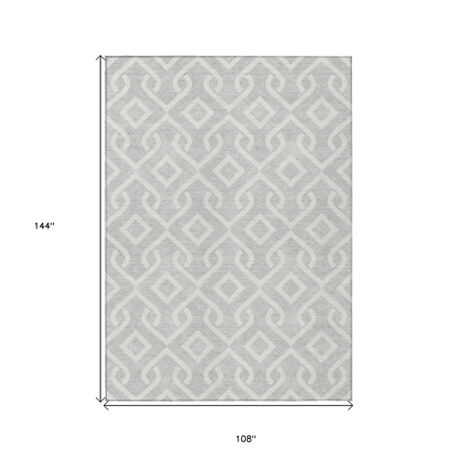9' X 12' Silver And Ivory Geometric Washable Indoor Outdoor Area Rug - 608219112288