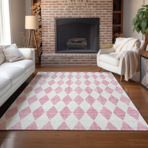 10' X 14' Pink And Ivory Geometric Washable Indoor Outdoor Area Rug
