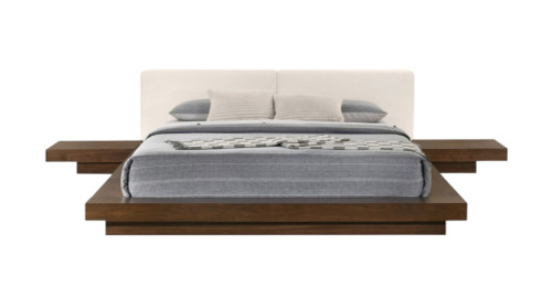 Walnut and White Wood And Faux Leather King Bed Frame With Attached Nightstands