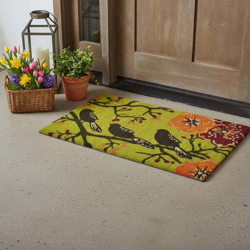 24" X 36" Green Black And Orange Floral Birds Outdoor Coir Door Mat - 880024651545