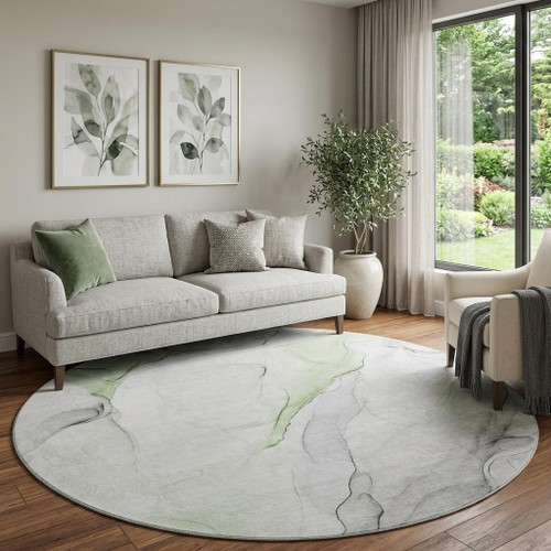 8' Green And Ivory Abstract Washable Round Rug With UV Protection - 880024675497