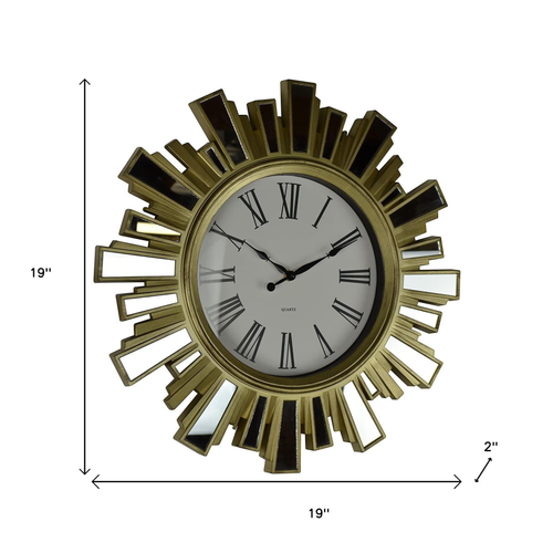 19" Gold And Clear Mirrored Glass And Heavy Duty Plastic Silent Analog Sunburst Wall Clock - 880016478686