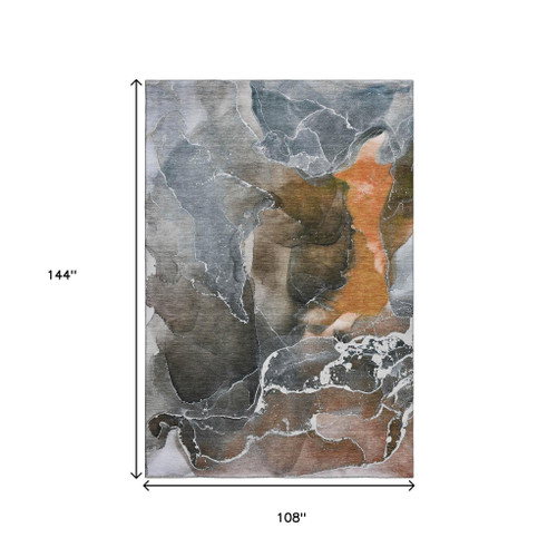 9' X 12' Orange And Charcoal Abstract Washable Area Rug With UV Protection - 880024879574