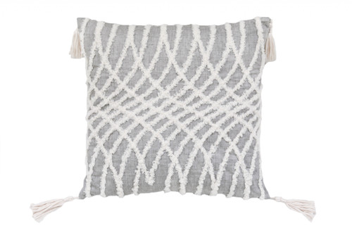 Homeroots Home Decor 17 X 17 Inches Grey and White Interlocking Zippered Polyester Throw Pillow with Tassels