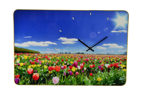 24" Blue Red And Gold Solid Wood and Acrylic Silent Tulips Floral Wall Clock - 880016499377