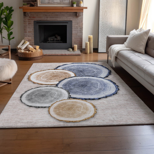 9' X 12' Beige Blue And Ivory Woodland Lodge Washable Area Rug With UV Protection - 880024995083