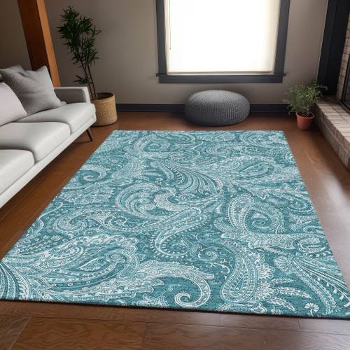 9' X 12' Turquoise And Ivory Paisley Washable Area Rug With UV Protection - 880024536392
