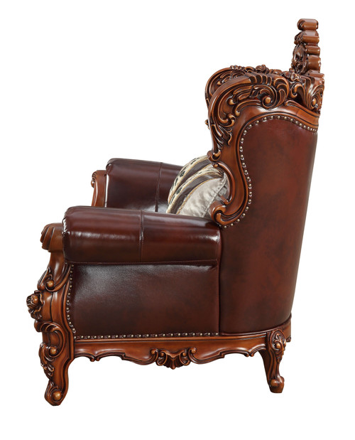 69" Brown And Walnut Top Grain Leather Curved Loveseat and Toss Pillows - 608219197254