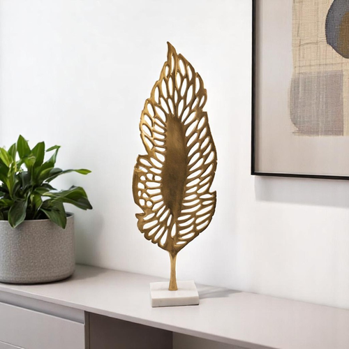 28" Gold And White Aluminum And Marble Leaf Tabletop Sculpture - 880016440959