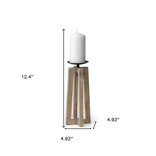 12" Light Brown Distressed Geometric Solid Wood And Metal Tabletop Pillar Candle Holder - 880024951713
