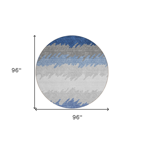 8' Navy Blue Gray And Silver Round Striped Washable Indoor Outdoor Area Rug - 608219357641