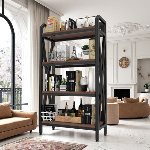 56" Black And Brown Metal and Wood Four Tier Etagere Bookcase - 880016829839