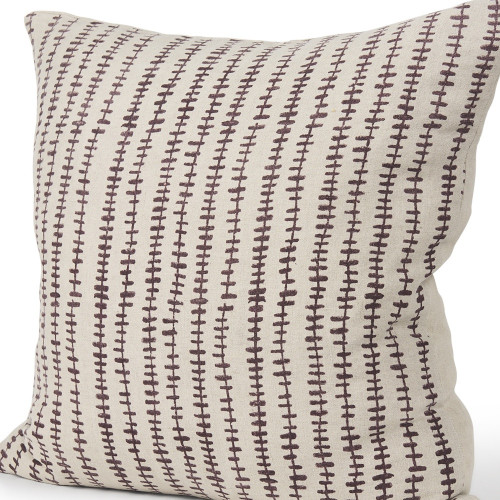 22" Beige And Merlot Striped Linen Throw Pillow Cover with Embroidery - 880024601960