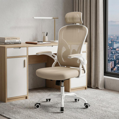 Beige and White Adjustable Height Swivel Rolling Executive Office Chair - 880024837253