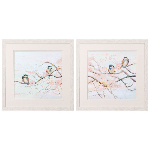 Set Of Two Spring Branch Birds Distressed White Framed Wall Art - 880024755137