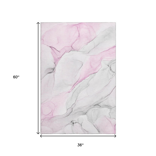 3' X 5' Pink And Ivory Abstract Washable Area Rug With UV Protection - 880016826746