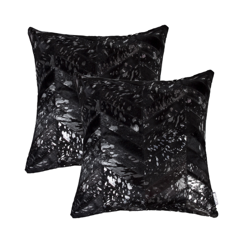 Set of Two 18" Black and Silver Chevron Cowhide Throw Pillows with Glitter - 608219030643