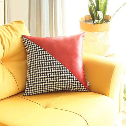 Homeroots Home Decor 18" x 18" Black and Red Houndstooth Zippered Handmade Polyester Throw Pillow Cover